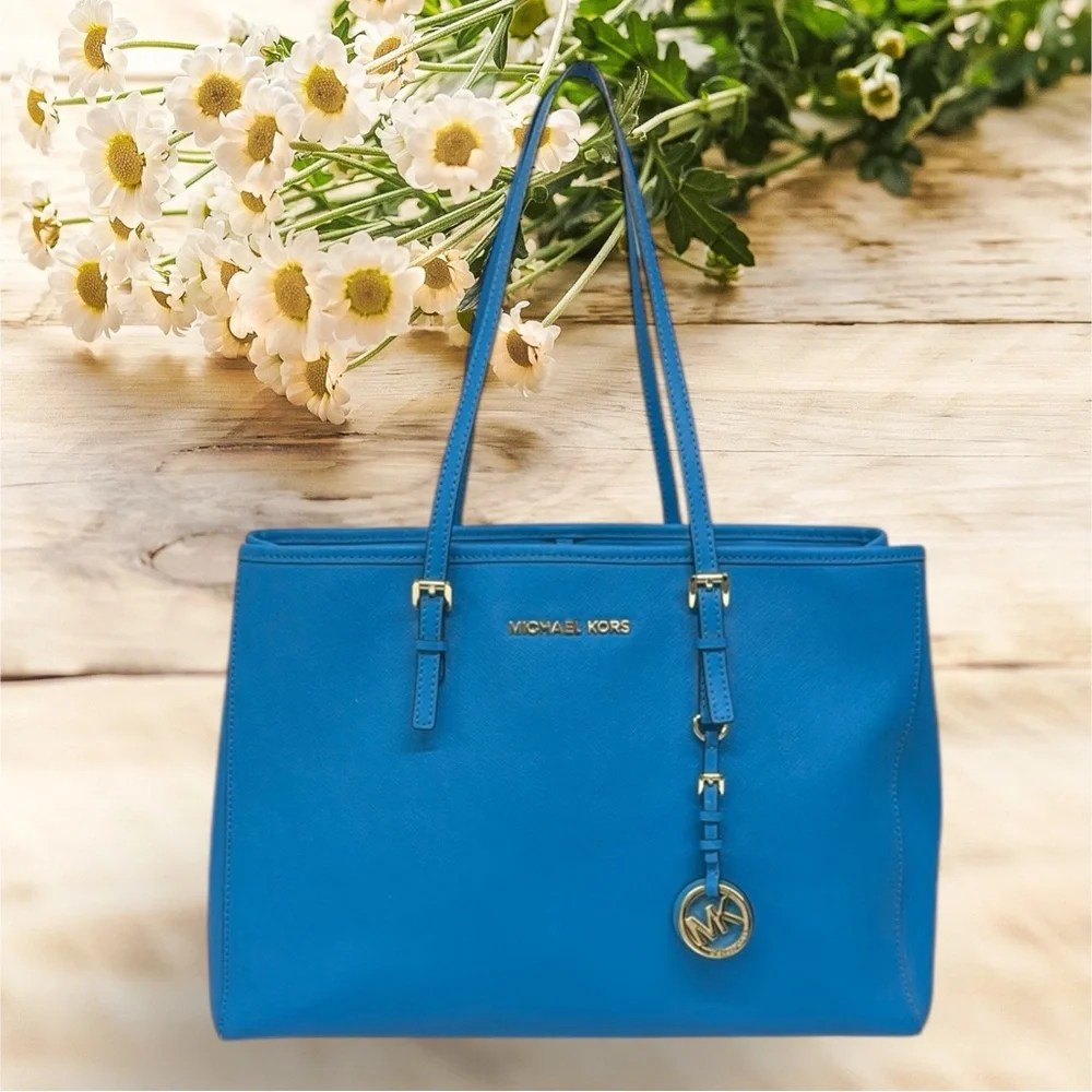 Michael Kors Blue Gold Saffiano Womens Shoulder HandBag Tote Purse 15